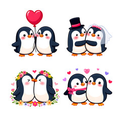 Fototapeta premium Four penguins in love scenarios isolated on transparent background