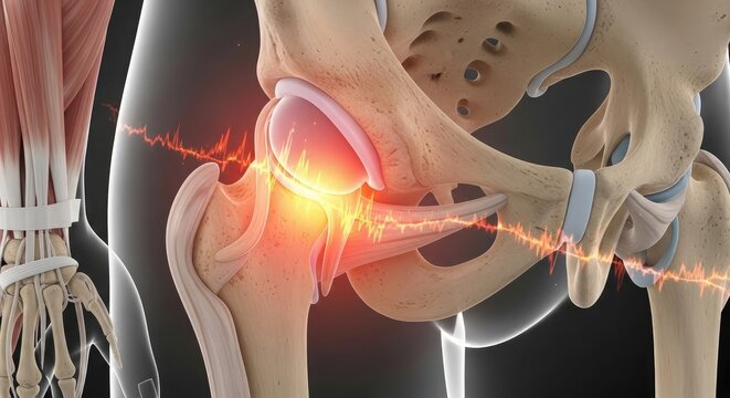 Human hip joint anatomy with highlighted pain area in 3d medical illustration