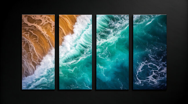 Ocean wave panorama with turquoise surf crashing onto golden sand, dynamic motion and vivid color conveying energy and serenity