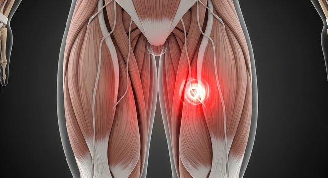 Human muscle anatomy with highlighted pain point in lower back