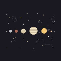 Fototapeta premium Solar System Planets and Constellations on Dark Background