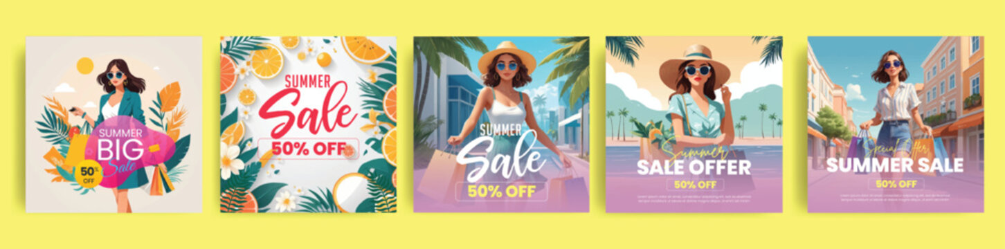 Set of Summer sale  social media posts, banner, ads template bundle with summer fashion outfit women illustration collections for  special summer offer promotion advertising vector template bundle