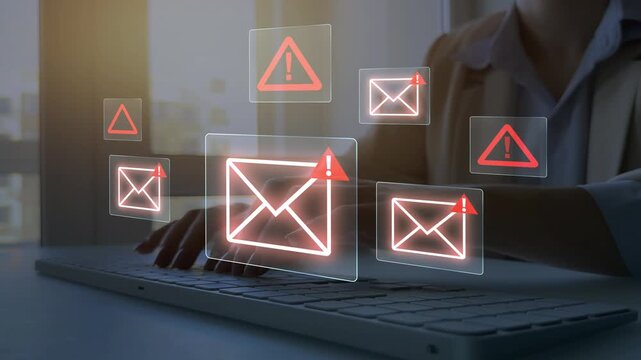 Email hacks, phishing attacks and virus alerts. Online fraud and cyber threats.Digital screen showing scam and spam emails.