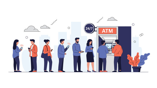 Line of people waiting at an ATM machine while using their smartphones depicting modern banking behavior and queuing technology.