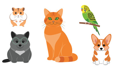 Naklejka premium Set of cute domestic pet animals featuring a ginger cat, two dogs, a hamster, and a colorful parrot on a white background.
