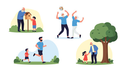 Fototapeta premium Group of active seniors and young people engaging in various outdoor activities including jogging, volleyball, birdhouse building, and walking.