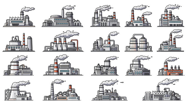 Comprehensive collection of industrial factory buildings and power plants with smoke stacks emitting exhaust.