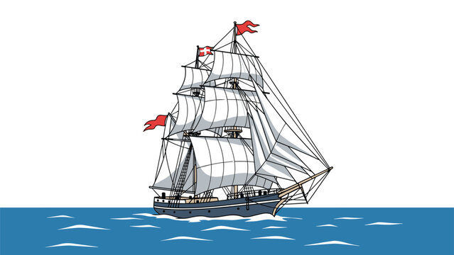 Classic multi-masted sailing ship with billowing white sails and red flags gliding across a calm blue sea surface.