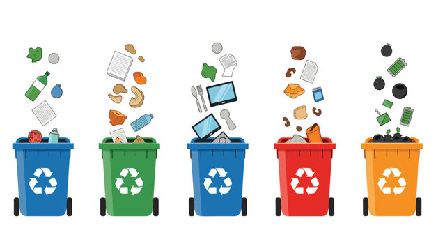 Educational recycling concept showing five colorful bins for plastic, glass, electronic, organic, and hazardous waste disposal sorting.