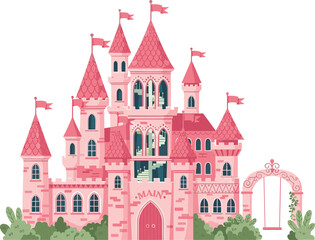 Obraz premium Elegant Pink Fantasy Castle Vector Featuring Multiple Spired Towers Arched Windows and Garden Swing for Princess and Fairy Tale Theme Designs