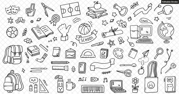"Editable Stroke Back to School Vector Icon Set - School Supplies, Education Doodles and School Life Illustrations"