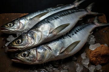 Obraz premium Fresh mackerel fish on ice, ready for cooking or raw consumption, representing healthy eating