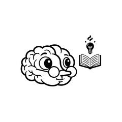 Naklejka premium Cartoon brain with book and lightbulb.