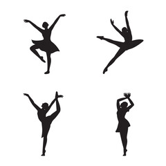 Black silhouettes of a ballet dancer group and ballerina women performing jumping poses in a graceful dance art vector illustration © Tuhinnaaa_69