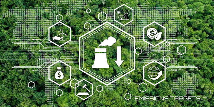 Digital transformation concept of reducing industrial emissions through green technology and financial incentives over a dense forest canopy background signifying environmental protection goals
