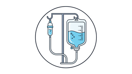 Obraz premium Medical IV drip bag filled with blue fluid hanging on a metal stand for hospital treatment and patient care services in a circular design.