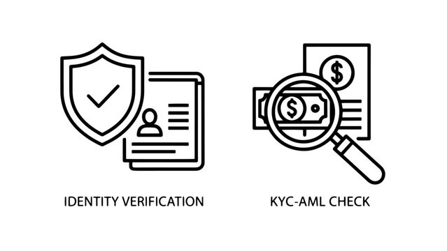 Identity verification and kyc aml check icons with magnifying glass