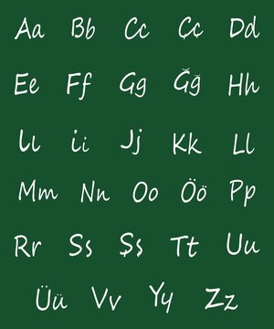 Turkish alphabet chart with uppercase and lowercase letters on green chalkboard background.