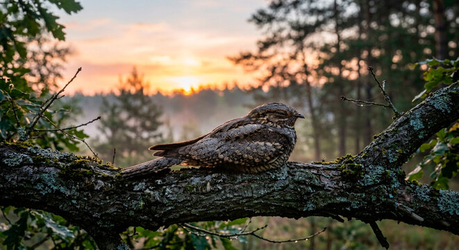Eurasian Nightjar in the forest at dawn with fog