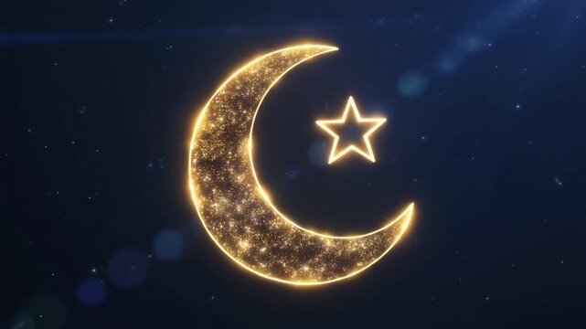 Golden crescent moon and star symbols feature glowing dust particles. Dark blue night sky with subtle bokeh light effects. Ideal for Islamic religious festivals, Ramadan greetings