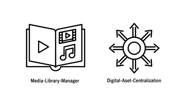 Media library and digital centralization icons with two minimalist line art