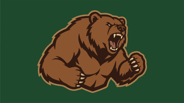 Brown bear roaring with aggressive expression on green background.