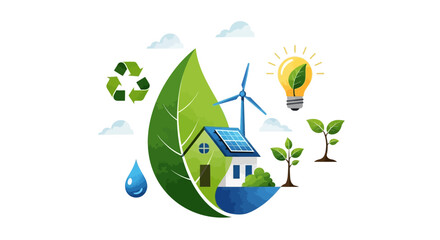 Obraz premium Sustainable Green Energy Eco-friendly Home Concept with Solar Panels, Wind Power, Recycling, and Nature Elements