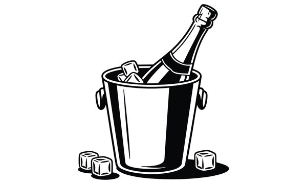 Vector graphic illustration of a champagne bottle in an ice bucket with ice cubes scattered around it, symbolizing celebration and luxury