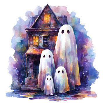 A family of ghosts standing in front of a haunted house
