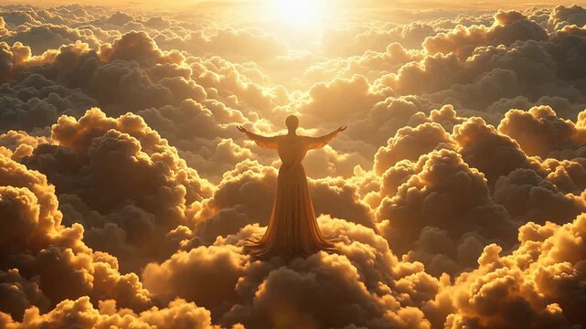 Person standing in clouds with open arms