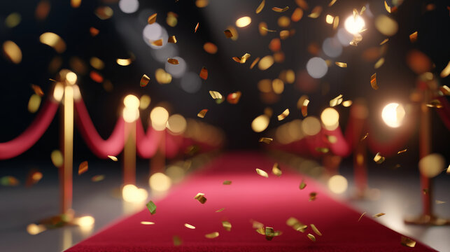Red carpet event scene with velvet ropes and golden confetti luxury cinematic background for award shows, celebrity events and premium celebration design