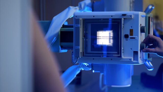 Close up of X ray machine detector panel and imaging window in radiology room with blue clinical lighting and advanced medical equipment.