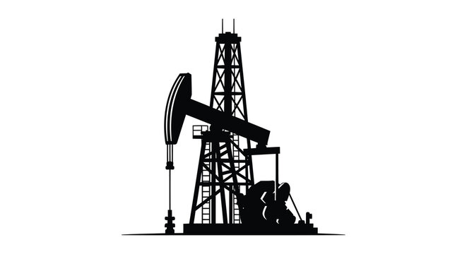 Silhouette of an oil pumpjack drilling rig in a black industrial landscape