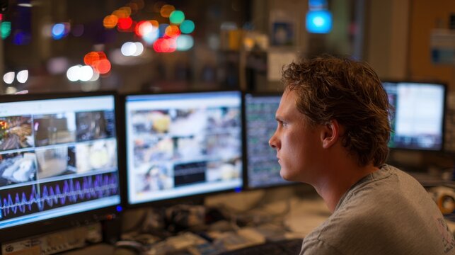 Technician in a sleep lab analyzing polysomnography charts on one screen with various other blurred monitoring displays in the background during early morning hours.