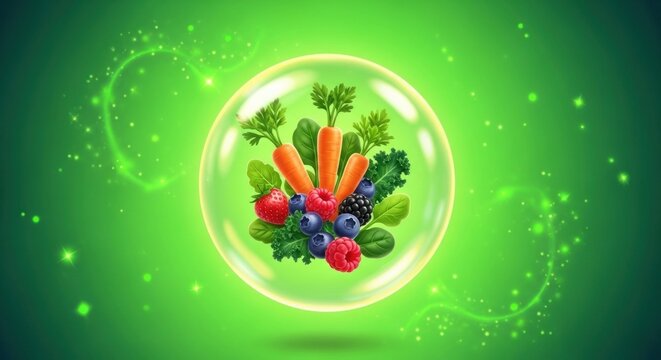 A vibrant green bubble containing a colorful assortment of fruits and vegetables, set against a green background with glowing elements.