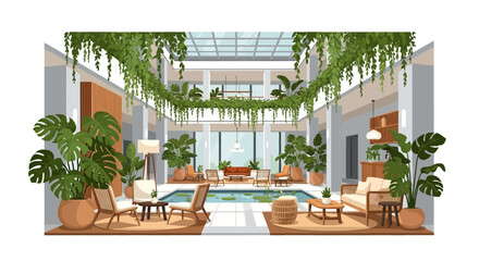 Fototapeta premium Modern Biophilic Interior Atrium with Lush Greenery, Skylight & Central Pond - Serene & Eco-Friendly Design