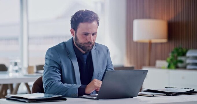 Review, typing or man in firm with laptop, budget editing or insight for funding pitch. Reading, expense evaluation or finance consultant with tech, portfolio check or proposal ideas for investment.