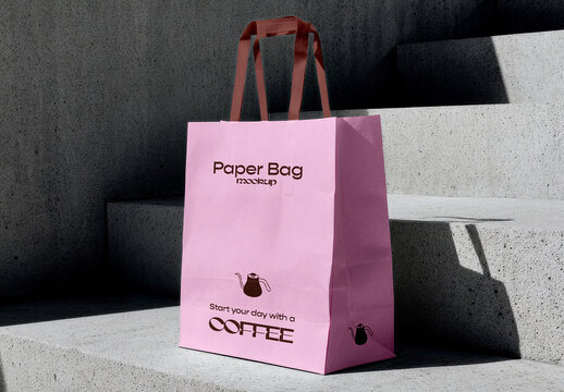 Paper Bag Mockup On Concrete Steps with Hard Shadows