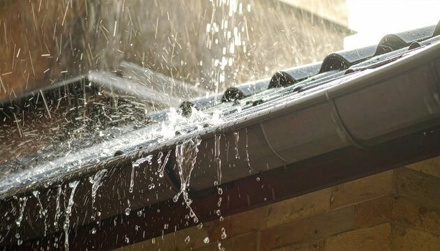 Rainwater pouring from a roof gutter during a heavy downpour.
