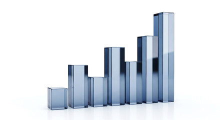 Fototapeta premium 3d metallic blue bar chart graph rising upwards on white background representing data analytics and business growth with shiny reflective bars