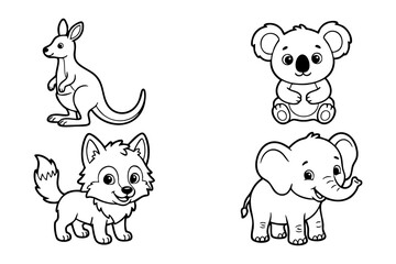 Obraz premium Cute Baby Kangaroo Koala Wolf and Elephant Line Art Set