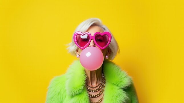 A cheerful elderly woman wearing giant pink heart-shaped sunglasses, a neon green faux fur coat