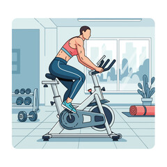 Fototapeta premium Woman cycling on stationary bike in gym, fitness and healthy lifestyle