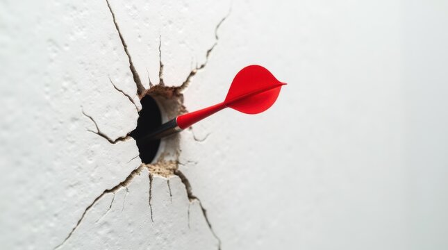 A single bright red dart completely missing the dartboard and impaled deep into the white plaster wall next to it, creating a cracked hole, sharp focus, conceptual error
