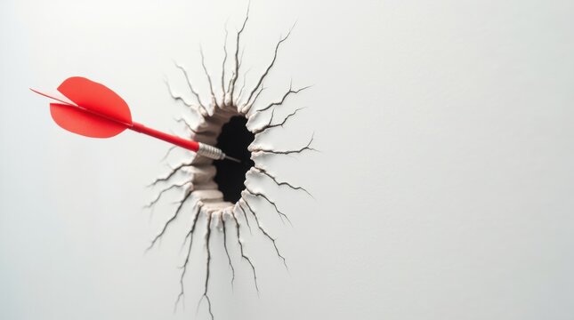 A single bright red dart completely missing the dartboard and impaled deep into the white plaster wall next to it, creating a cracked hole, sharp focus, conceptual error
