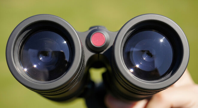 High end binoculars with red button held by hand against green background for outdoor activities