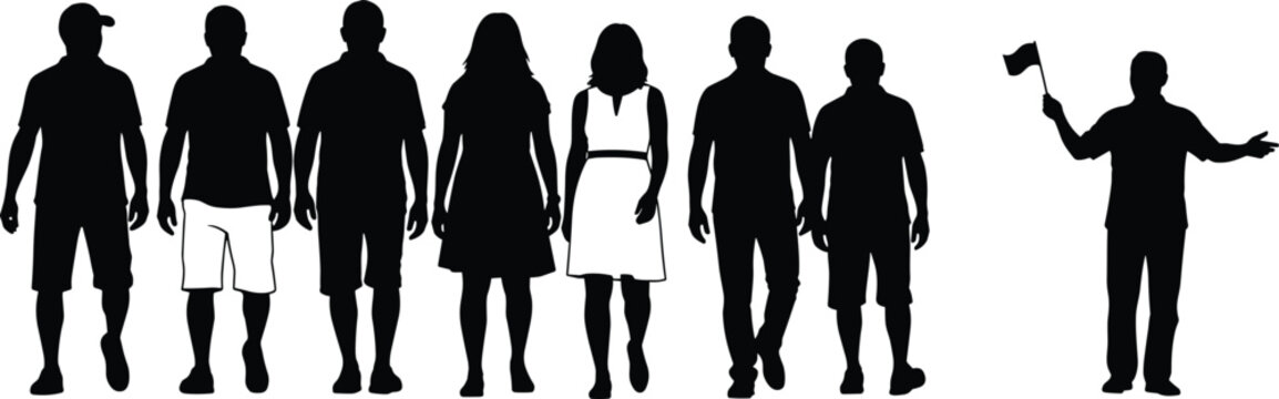 Black silhouette of tour guide holding flag leading diverse group of tourists, travel agency concept, walking people, sightseeing tour, vacation.