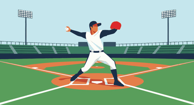 Baseball Pitcher Throwing Ball on Field.