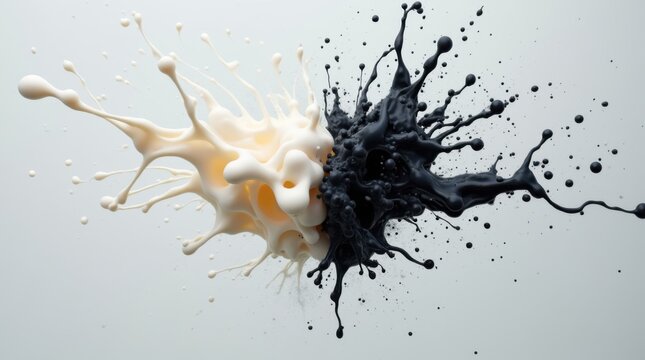 Mid-air collision of opaque milky white liquid and dense black ink creating an explosive splash with flying droplets, frozen motion, sharp focus, light gray background, high speed photography
