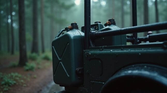 Rugged matte black jerrycan strapped to the back of a muddy off-road vehicle in a dark rainy pine forest, heavy water drops on the plastic surface, moody cinematic lighting, expedition lifestyle
